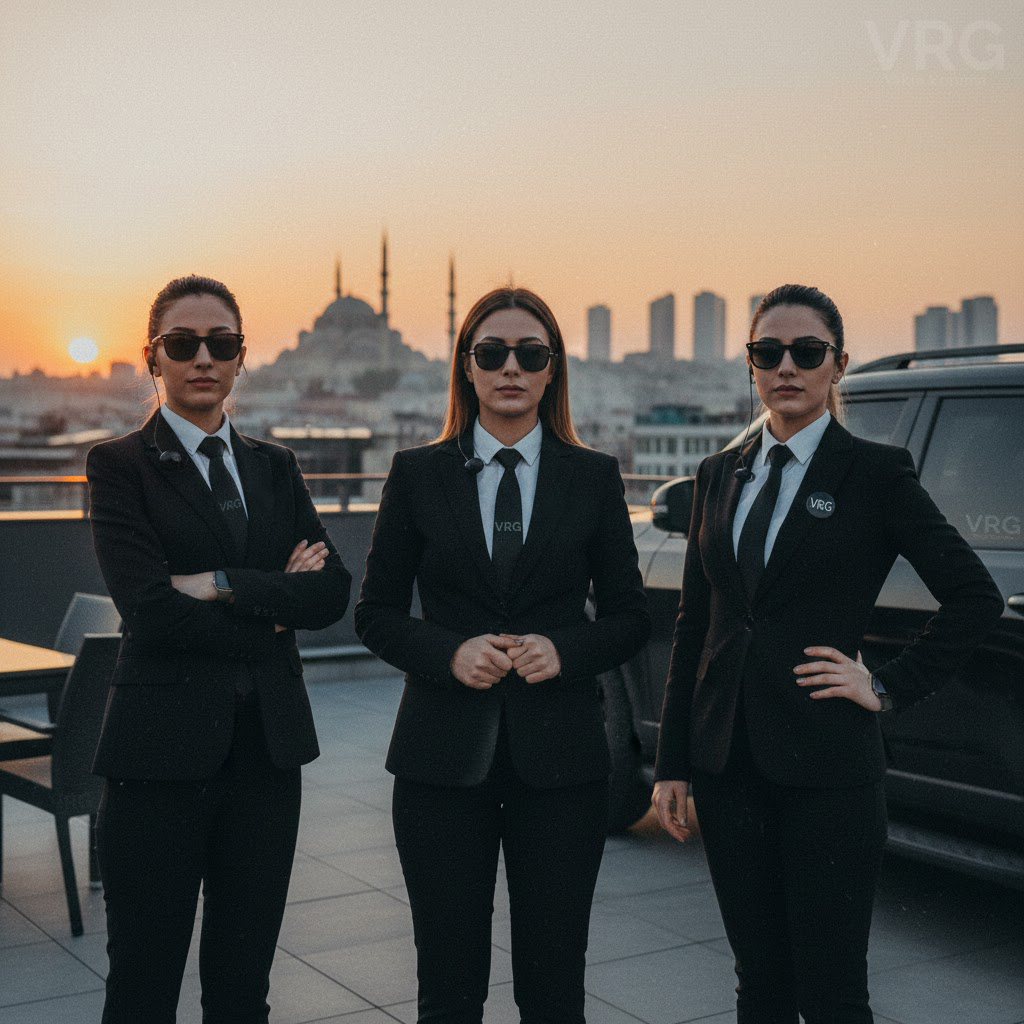 İstanbul manzaralı çatı katında gün batımında profesyonel siyah takım elbiseli ve güneş gözlüklü üç bayan yakın koruma görevlisi, VRG güvenlik hizmeti.