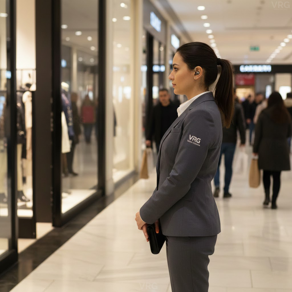 AVM'de mağaza önünde duran, VRG logolu, profesyonel bayan yakın koruma görevlisi.