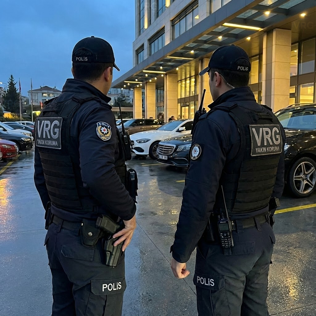 VRG Yakın Koruma bünyesinde tam teçhizatlı, silahlı polis emniyet personelleri operasyonel kıyafetleri ile görev başında.