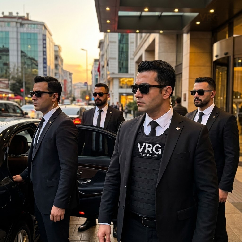Siyah takım elbiseli ve VRG logolu yelekli profesyonel yakın koruma ekibi, VIP araç yanında güvenlik operasyonunda.