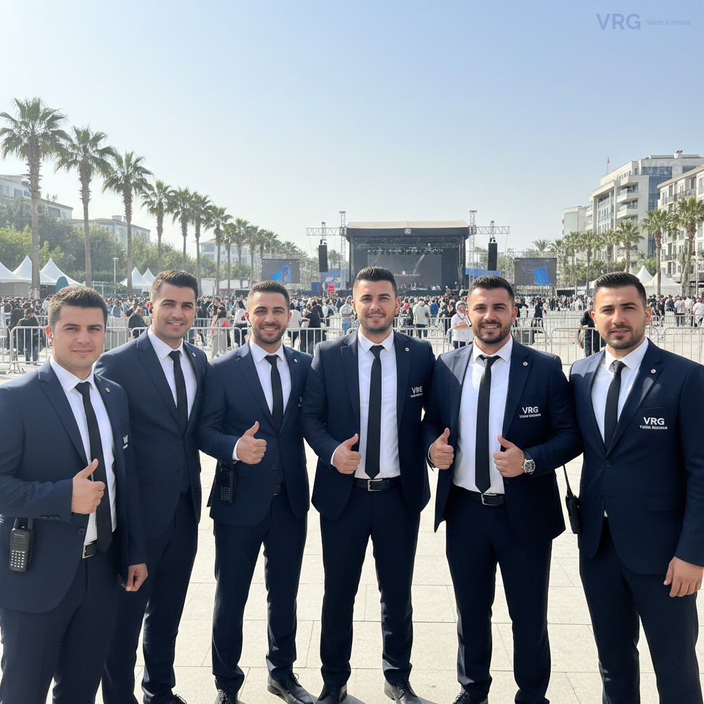VRG Yakın Koruma'nın takım elbiseli profesyonel ekibi, büyük bir açık hava konseri sırasında etkinlik ve organizasyon güvenliği sağlarken toplu halde poz veriyor.