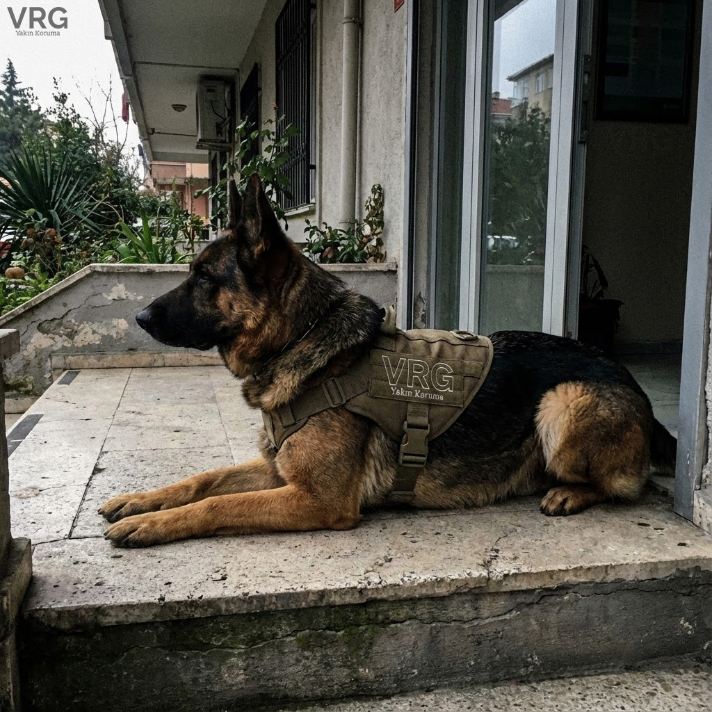 VRG Yakın Koruma bünyesinde görev yapan eğitimli Alman çoban köpeği K9 koruma hizmeti ekipmanlarıyla.