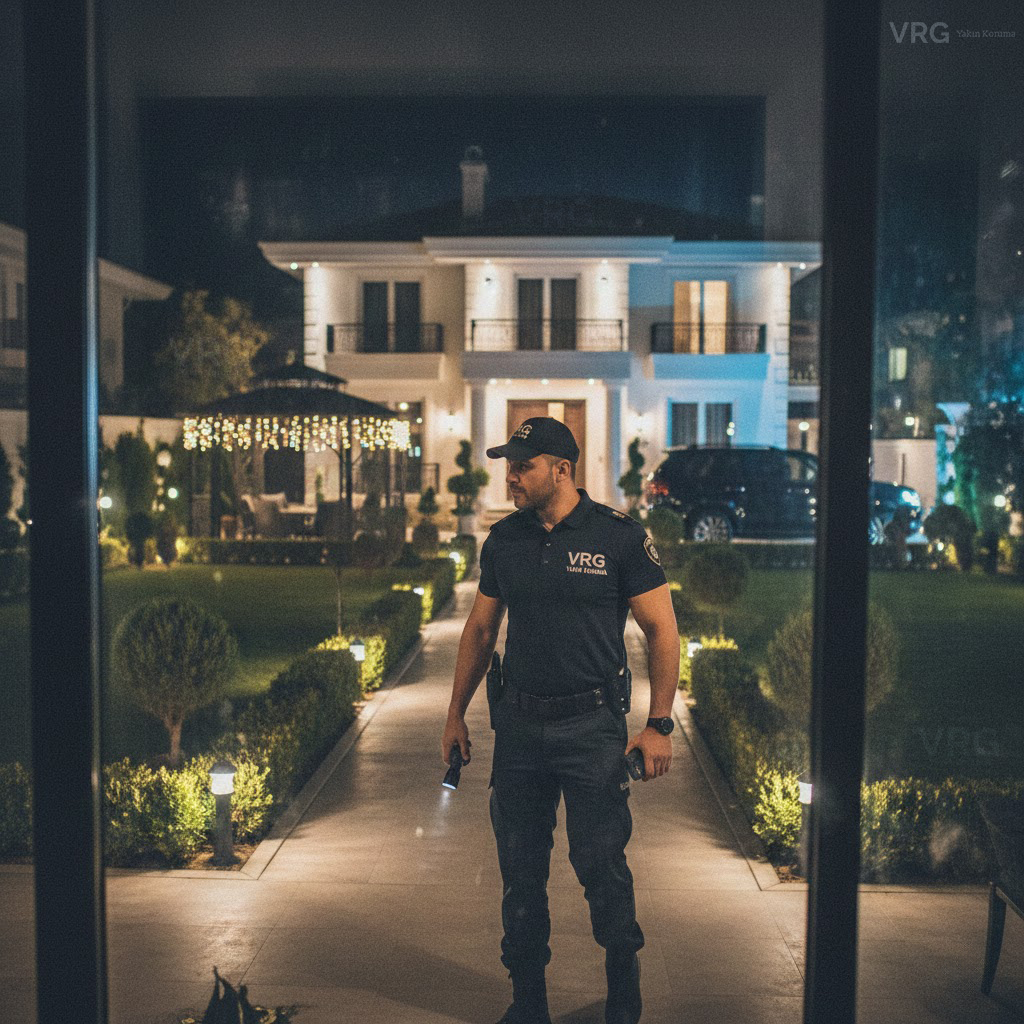VRG Yakın Koruma personeli gece vakti lüks bir villa önünde silahlı konut güvenliği nöbeti tutarken.