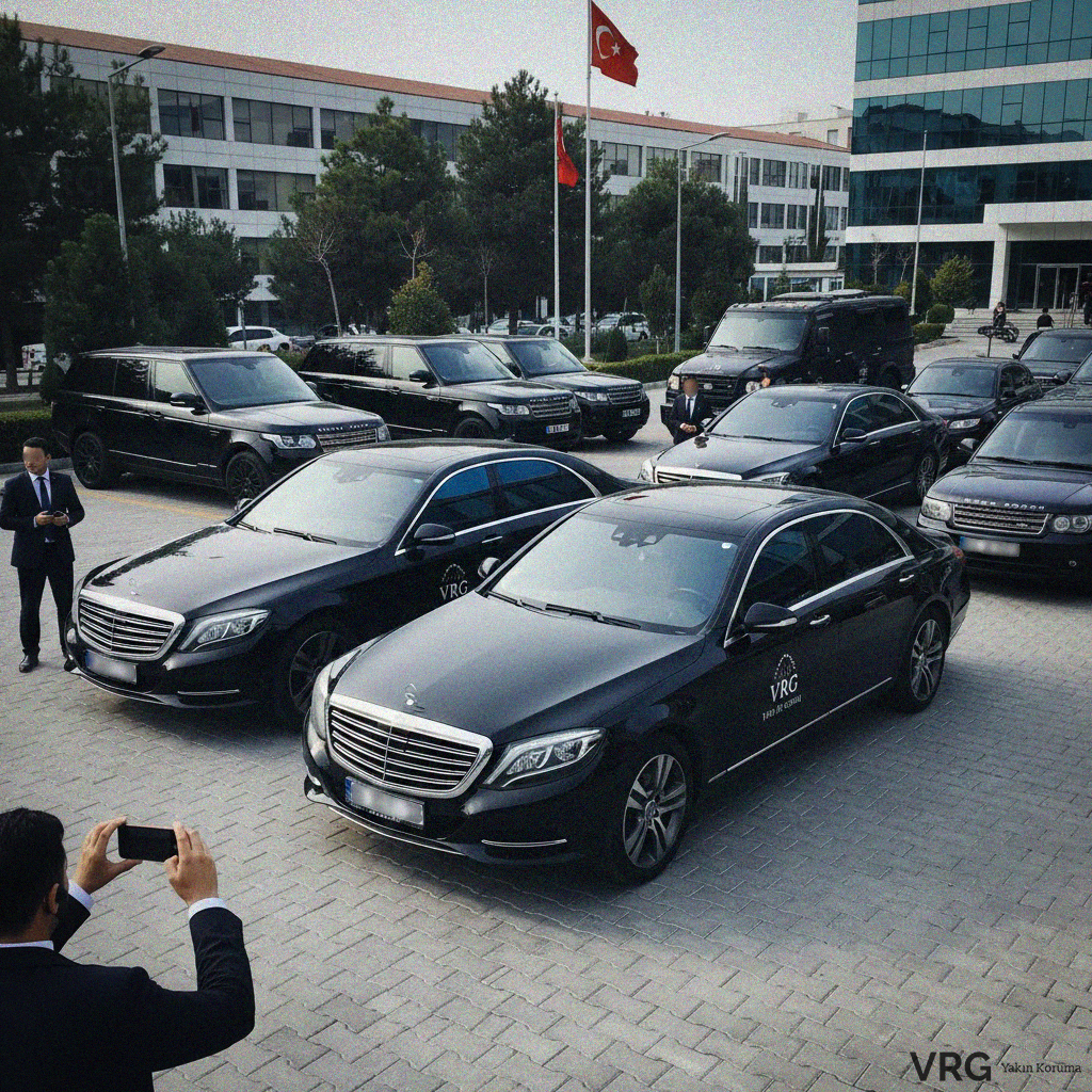 VRG Yakın Koruma bünyesindeki Mercedes S-Serisi ve Range Rover modellerinden oluşan lüks VIP transfer araç filosu.