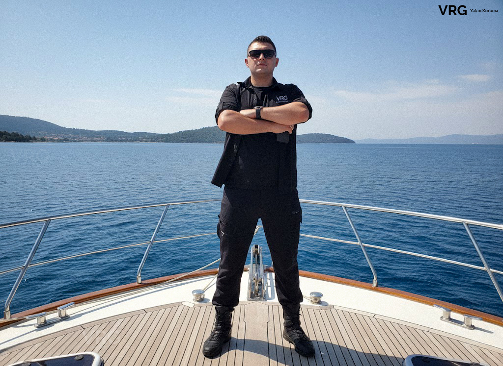 Lüks yat üzerinde duran VRG Yakın Koruma görevlisi - VİP Deniz Ulaşımı ve Güvenlik Hizmeti