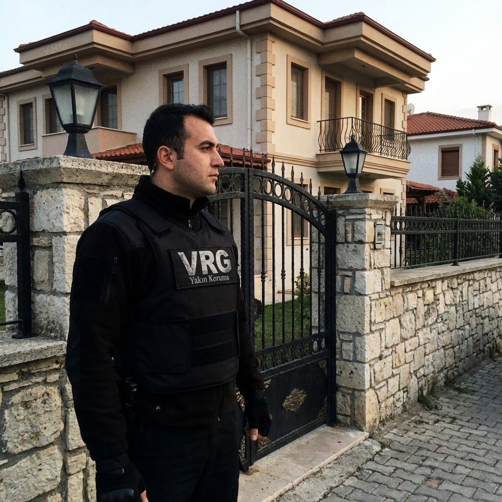 VRG Yakın Koruma görevlisi lüks bir villa önünde güvenlik nöbetinde - VIP konaklama ve polis güvenlikli konut hizmeti