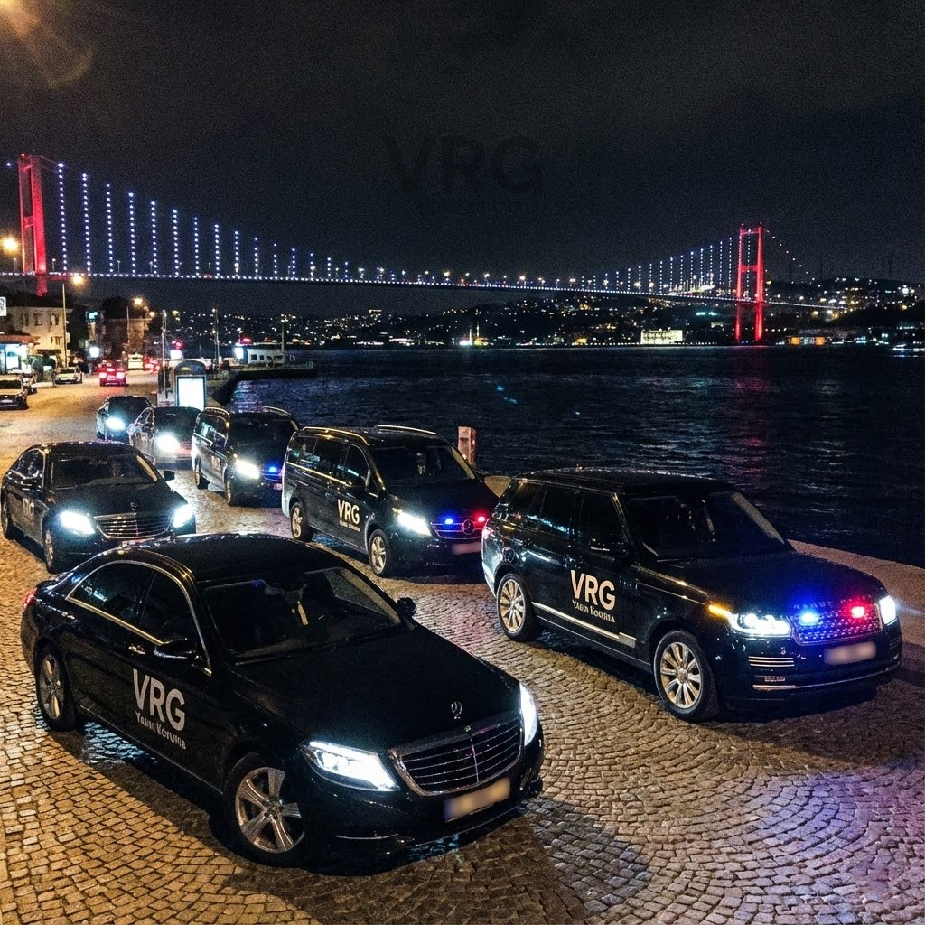 İstanbul Boğazı manzarasında VRG Yakın Koruma şirketine ait siyah Mercedes S-Class, Range Rover ve VIP Vito araçlardan oluşan güvenlik filosu.